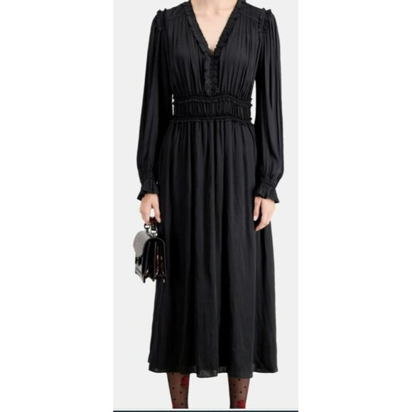The Kooples $385 Black Long-Sleeve Midi Dress Smocked Waist Size M NWT - Picture 1 of 9
